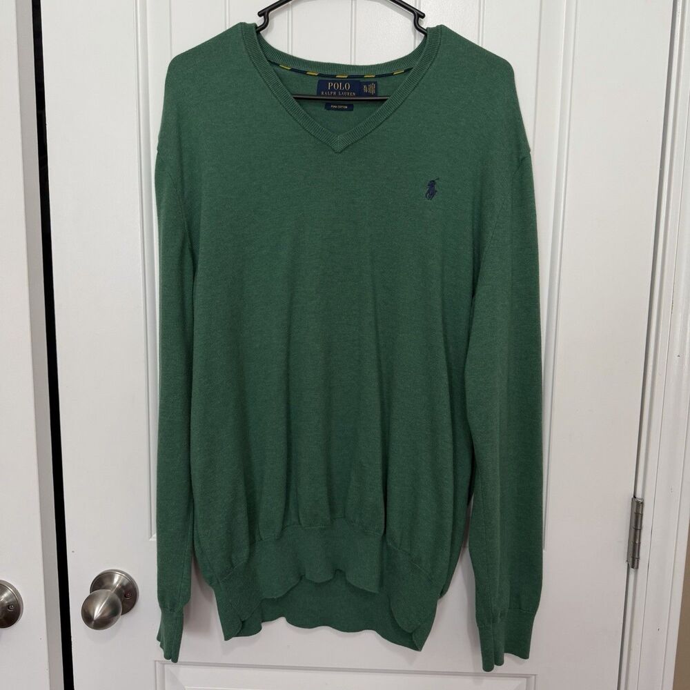 Polo Ralph Lauren V Neck Sweater Pima Cotton Men’s XL Long Sleeve Pullover Green - Picture 2 of 13